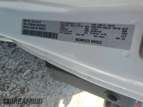 2024 Ram 4500 с VIN 3C7WRKAL3RG224315, выставлен на аукционе Copart как лот 50593355 с пробегом 29 395 миль миль и Списание • Salvage title. История ставок и продаж доступна на DreamBid. Изображение 12.