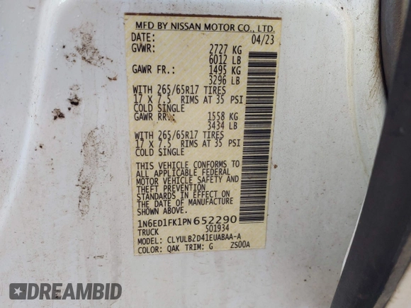 2023 Nissan Frontier SV with VIN 1N6ED1FK1PN652290, listed as a IAAI auction lot 42443397 with 38,876 mi miles and . Bid and sale history available at DreamBid. Image 9.