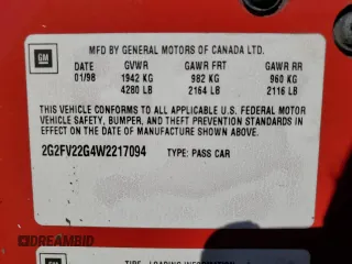 1998 Pontiac Firebird Formula z VIN 2G2FV22G4W2217094, wystawiony jako Copart lot #80755694 z przebiegiem Nie podano mil oraz Szkoda całkowita • Salvage title. Historia ofert i sprzedaży dostępna na DreamBid. Obrazek 13.