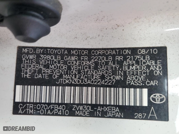 2010 Toyota Prius II with VIN JTDKN3DU3A0224227, listed as a Copart auction lot 43269435 with 187,389 mi miles and Salvage Title. Bid and sale history available at carsss.com. Image 12.