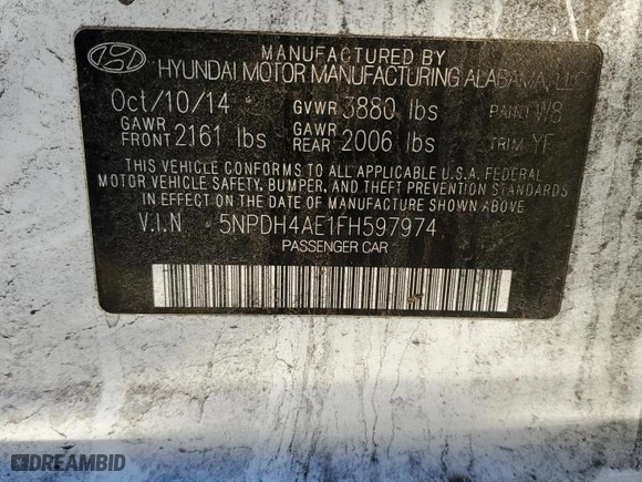 2015 Hyundai Elantra Limited with VIN 5NPDH4AE1FH597974, listed as a Copart auction lot 46057675 with 195,116 mi miles and Clean Title. Bid and sale history available at carsss.com. Image 12.