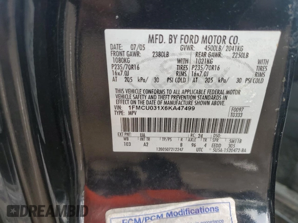 2006 Ford Escape XLT с VIN 1FMCU031X6KA47499, выставлен на аукционе Copart как лот 65188505 с пробегом Не указан миль и Списание • Salvage title. История ставок и продаж доступна на DreamBid. Изображение 13.