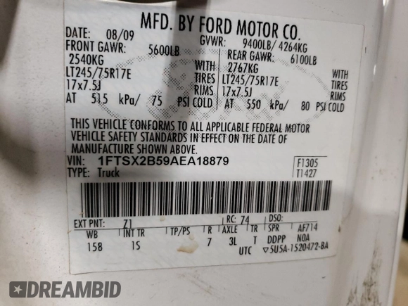 2010 Ford F-250 XL z VIN 1FTSX2B59AEA18879, wystawiony jako Copart lot #55855695 z przebiegiem 139 494 mil mil oraz Tytuł czysty. Historia ofert i sprzedaży dostępna na DreamBid. Obrazek 12.