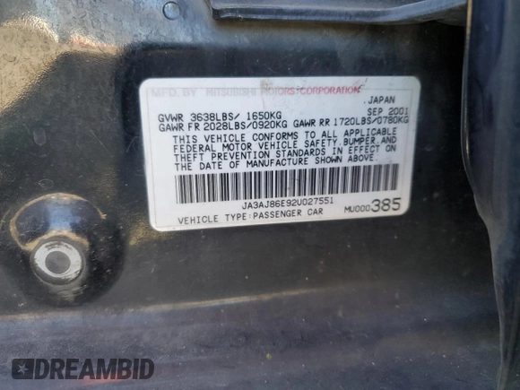 2002 Mitsubishi Lancer OZ-Rally z VIN JA3AJ86E92U027551, wystawiony jako Copart lot #45020575 z przebiegiem 214 575 mil mil oraz Szkoda całkowita • Salvage title. Historia ofert i sprzedaży dostępna na DreamBid. Obrazek 12.