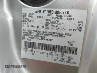 2010 Ford F-250 with VIN 1FTSX2AR3AEA18347, listed as a IAAI auction lot 41521128 with 58,624 mi miles and . Bid and sale history available at DreamBid. Image 9.