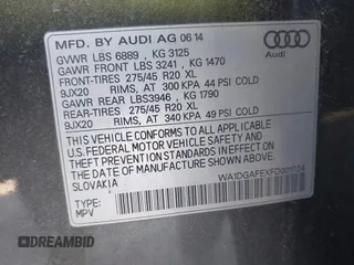 2015 Audi Q7 3.0T S line Prestige with VIN WA1DGAFEXFD001724, listed as a IAAI auction lot 41367612 with 57,066 mi miles. Bid and sale history available at carsss.com. Image 9.