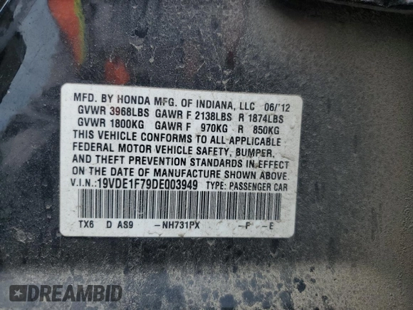 2013 Acura ILX Technology z VIN 19VDE1F79DE003949, wystawiony jako Copart lot #55683125 z przebiegiem Nie podano mil oraz Szkoda całkowita • Salvage title. Historia ofert i sprzedaży dostępna na DreamBid. Obrazek 13.