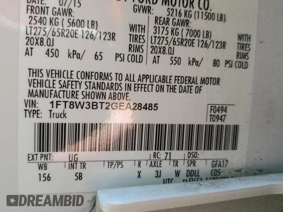 2016 Ford F-350 Platinum with VIN 1FT8W3BT2GEA28485, listed as a Copart auction lot 53803575 with 151,376 mi miles and Clean Title. Bid and sale history available at DreamBid. Image 12.