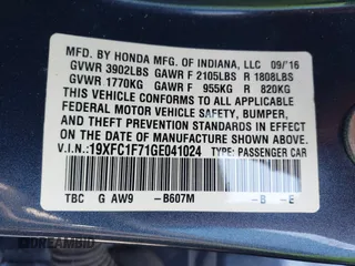 2016 Honda Civic Sedan EX-L with VIN 19XFC1F71GE041024, listed as a IAAI auction lot 41943073 with 59,833 mi miles. Bid and sale history available at carsss.com. Image 9.