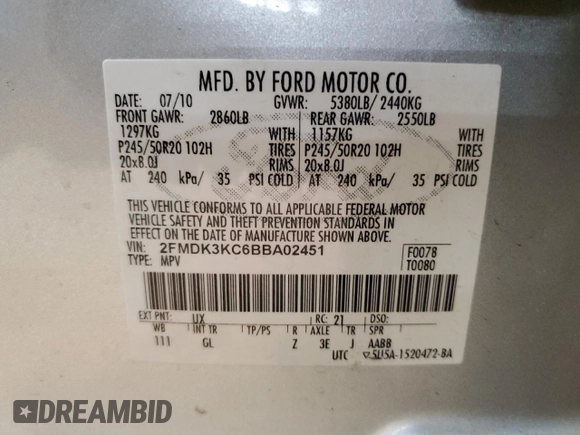 2011 Ford Edge Limited with VIN 2FMDK3KC6BBA02451, listed as a Copart auction lot 60855275 with 171,165 mi miles and Salvage title. Bid and sale history available at DreamBid. Image 13.