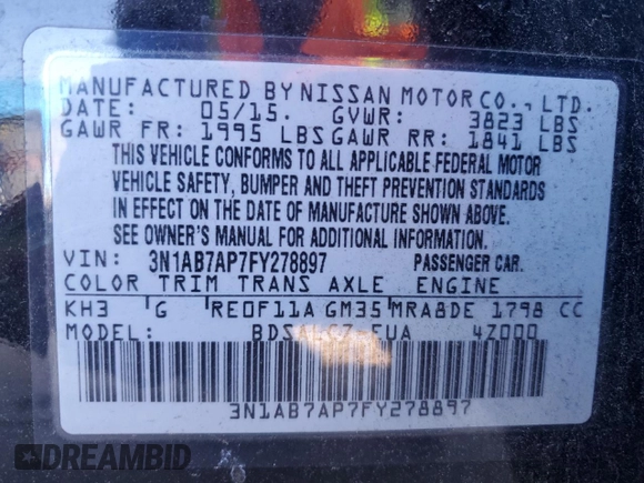 2015 Nissan Sentra SL with VIN 3N1AB7AP7FY278897, listed as a Copart auction lot 43070585 with 112,654 mi miles and Clean Title. Bid and sale history available at DreamBid. Image 12.