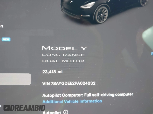2023 Tesla Model Y Long Range with VIN 7SAYGDEE2PA024032, listed as a IAAI auction lot 41213403 with 23,418 mi miles and . Bid and sale history available at DreamBid. Image 15.