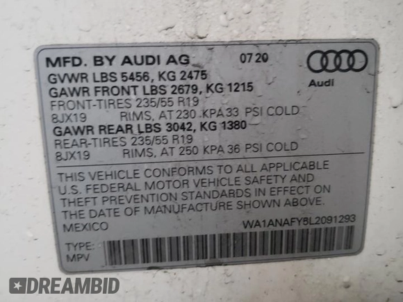 2020 Audi Q5 Premium with VIN WA1ANAFY5L2091293, listed as a Copart auction lot 44263385 with 45,383 mi miles and Salvage Title. Bid and sale history available at carsss.com. Image 13.