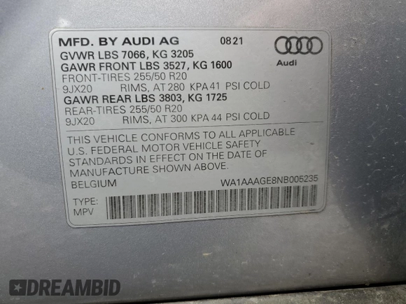 2022 Audi e-tron Premium z VIN WA1AAAGE8NB005235, wystawiony jako Copart lot #57621195 z przebiegiem 40 970 mil mil oraz Czysty tytuł • Clean title. Historia ofert i sprzedaży dostępna na DreamBid. Obrazek 13.