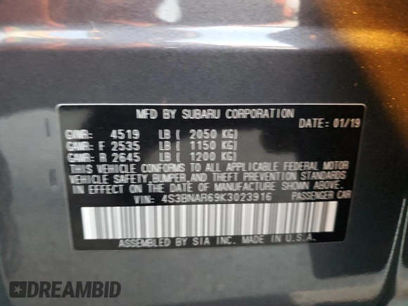2019 Subaru Legacy Sport with VIN 4S3BNAR69K3023916, listed as a Copart auction lot 86629144 with 41,288 mi miles and Salvage Title. Bid and sale history available at carsss.com. Image 12.