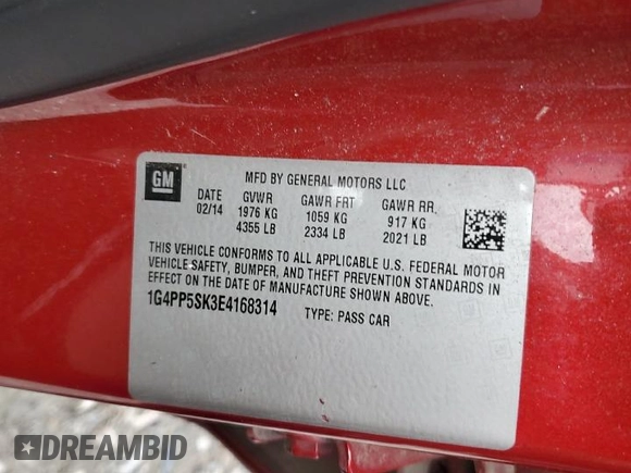 2014 Buick Verano with VIN 1G4PP5SK3E4168314, listed as a Copart auction lot 54583785 with 125,202 mi miles and Salvage title. Bid and sale history available at DreamBid. Image 12.