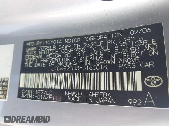2006 Toyota Prius with VIN JTDKB20U363160818, listed as a IAAI auction lot 41664925 with 187,626 mi miles. Bid and sale history available at carsss.com. Image 9.