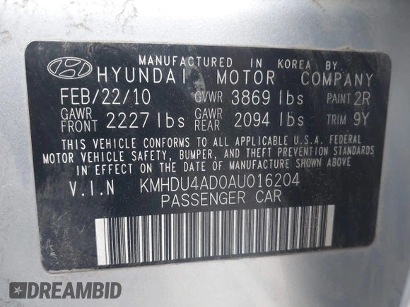 2010 Hyundai Elantra GLS z VIN KMHDU4AD0AU016204, wystawiony jako IAAI lot #41864460 z przebiegiem 176 390 mil mil oraz . Historia ofert i sprzedaży dostępna na DreamBid. Obrazek 9.