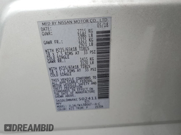 2019 Infiniti QX60 Pure with VIN 5N1DL0MN4KC502411, listed as a Copart auction lot 62968725 with 112,134 mi miles and Clean title. Bid and sale history available at DreamBid. Image 13.