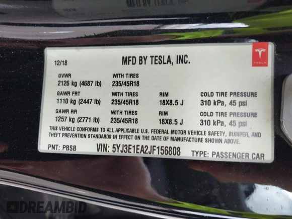 2018 Tesla Model 3 Long Range Battery z VIN 5YJ3E1EA2JF156808, wystawiony jako IAAI lot #42160829 z przebiegiem 106 258 mil mil oraz . Historia ofert i sprzedaży dostępna na DreamBid. Obrazek 9.