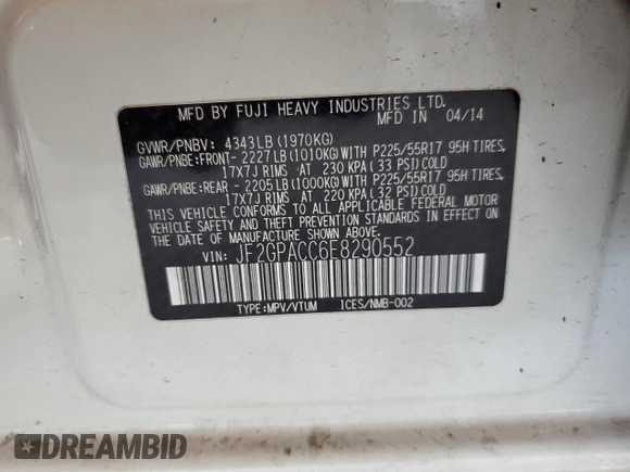2014 Subaru Crosstrek Premium with VIN JF2GPACC6E8290552, listed as a Copart auction lot 58564385 with 117,626 mi miles and Salvage title. Bid and sale history available at DreamBid. Image 13.