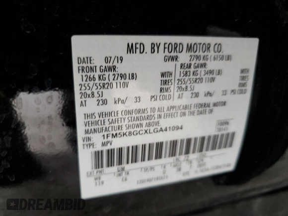 2020 Ford Explorer ST with VIN 1FM5K8GCXLGA41094, listed as a Copart auction lot 46033285 with 47,039 mi miles and Salvage Title. Bid and sale history available at DreamBid. Image 13.