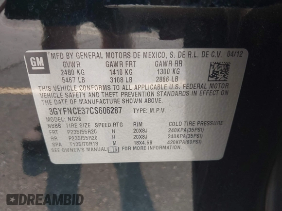 2012 Cadillac SRX Premium Collection with VIN 3GYFNCE37CS606287, listed as a IAAI auction lot 42662102 with 91,849 mi miles and . Bid and sale history available at DreamBid. Image 9.