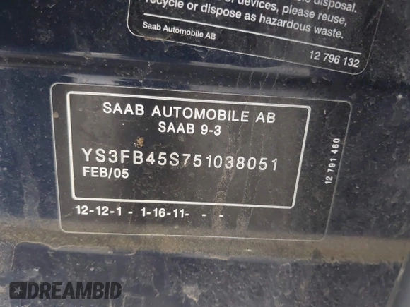 2005 Saab 9-3 Linear z VIN YS3FB45S751038051, wystawiony jako IAAI lot #42361528 z przebiegiem Nie podano mil oraz . Historia ofert i sprzedaży dostępna na DreamBid. Obrazek 9.
