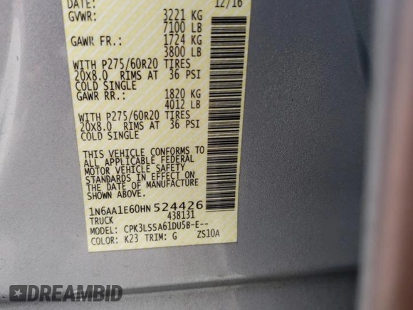2017 Nissan Titan SV with VIN 1N6AA1E60HN524426, listed as a Copart auction lot 55036775 with 109,258 mi miles and Salvage title. Bid and sale history available at DreamBid. Image 13.
