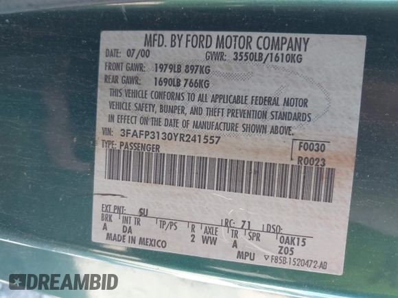 2000 Ford Focus ZX3 с VIN 3FAFP3130YR241557, выставлен на аукционе IAAI как лот 42485699 с пробегом 257 279 миль миль и . История ставок и продаж доступна на DreamBid. Изображение 9.