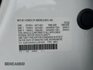 2020 Acura MDX Technology with VIN 5J8YD4H5XLL047443, listed as a Copart auction lot 56631525 with 49,526 mi miles and Salvage title. Bid and sale history available at DreamBid. Image 14.