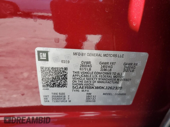 2019 Buick Enclave Essence with VIN 5GAERBKW0KJ262320, listed as a Copart auction lot 53915105 with 73,889 mi miles and Salvage Title. Bid and sale history available at DreamBid. Image 14.