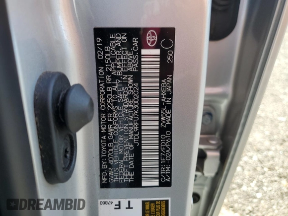 2019 Toyota Prius LE with VIN JTDL9RFU7K3002024, listed as a Copart auction lot 56579145 with 18,019 mi miles and Salvage Title. Bid and sale history available at DreamBid. Image 12.