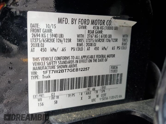 2016 Ford F-250 Lariat with VIN 1FT7W2BT7GEB12257, listed as a Copart auction lot 57263455 with 215,150 mi miles and Salvage title. Bid and sale history available at DreamBid. Image 10.