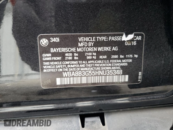 2017 BMW 3 Series 340i with VIN WBA8B3G55HNU35348, listed as a Copart auction lot 82053284 with 71,451 mi miles and Salvage Title. Bid and sale history available at DreamBid. Image 13.