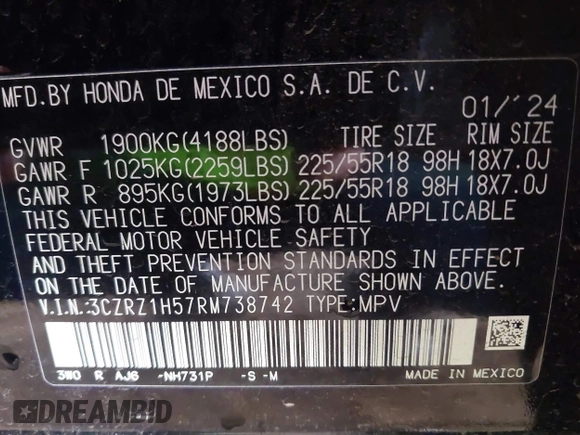 2024 Honda HR-V Sport with VIN 3CZRZ1H57RM738742, listed as a IAAI auction lot 41905834 with 15,487 mi miles and . Bid and sale history available at DreamBid. Image 9.