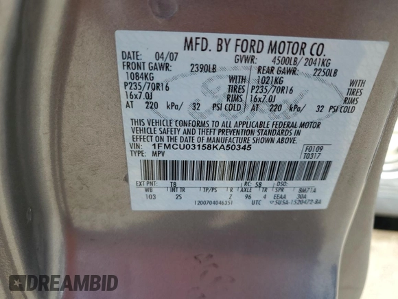 2008 Ford Escape XLT z VIN 1FMCU03158KA50345, wystawiony jako Copart lot #57349735 z przebiegiem 195 316 mil mil oraz Szkoda całkowita • Salvage title. Historia ofert i sprzedaży dostępna na DreamBid. Obrazek 12.
