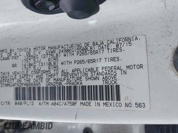 2015 Toyota Tacoma with VIN 3TMMU4FN2FM086885, listed as a IAAI auction lot 41247712 with 194,510 mi miles and . Bid and sale history available at carsss.com. Image 9.