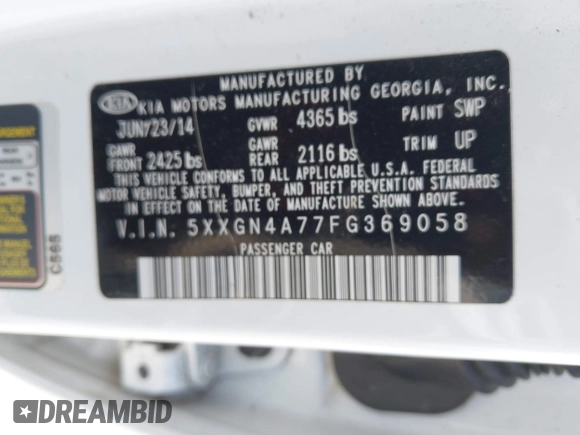 2015 Kia Optima EX with VIN 5XXGN4A77FG369058, listed as a IAAI auction lot 42621804 with 183,635 mi miles and . Bid and sale history available at DreamBid. Image 9.