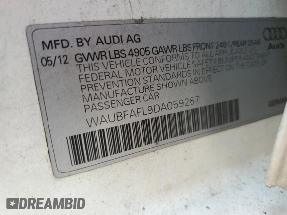 2013 Audi A4 Premium with VIN WAUBFAFL9DA059267, listed as a Copart auction lot 60437425 with 84,409 mi miles and Salvage title. Bid and sale history available at DreamBid. Image 12.