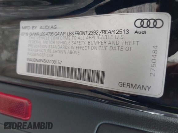 2019 Audi A4 Premium with VIN WAUDNAF45KA108157, listed as a IAAI auction lot 41217412 with 112,369 mi miles and . Bid and sale history available at DreamBid. Image 9.