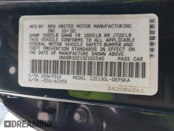 2003 Toyota Corolla CE with VIN 1NXBR32E13Z102540, listed as a IAAI auction lot 42111671 with 232,312 mi miles and . Bid and sale history available at DreamBid. Image 9.