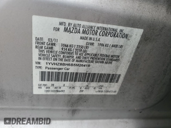 2011 Mazda Mazda6 i Sport with VIN 1YVHZ8BH6B5M26415, listed as a Copart auction lot 49257405 with 0 mi miles and Salvage Title. Bid and sale history available at carsss.com. Image 13.