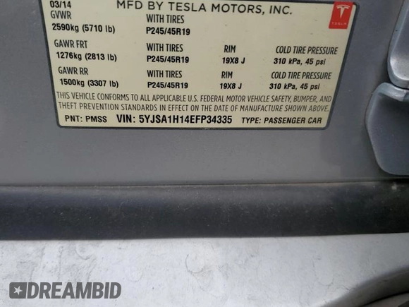 2014 Tesla Model S 60 with VIN 5YJSA1H14EFP34335, listed as a Copart auction lot 65504325 with Not provided miles and Clean title. Bid and sale history available at DreamBid. Image 12.