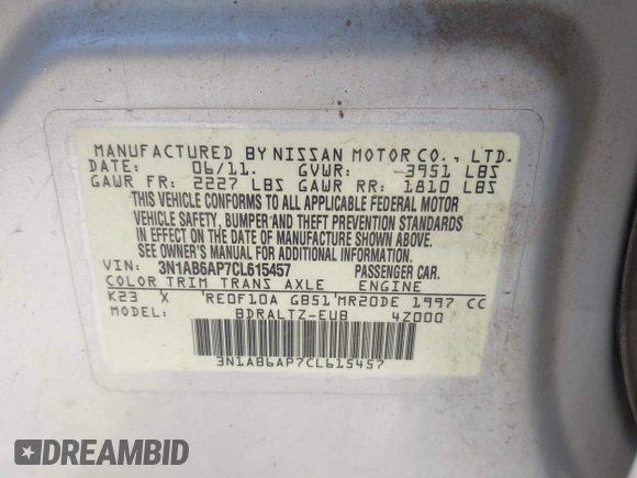 2012 Nissan Sentra SR with VIN 3N1AB6AP7CL615457, listed as a IAAI auction lot 42084987 with 162,625 mi miles and . Bid and sale history available at DreamBid. Image 9.
