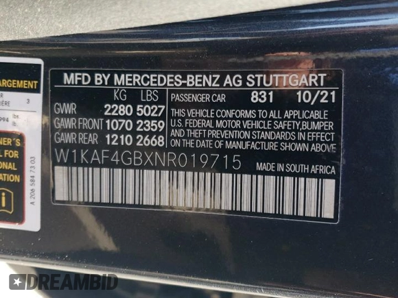 2022 Mercedes-Benz C 300 with VIN W1KAF4GBXNR019715, listed as a Copart auction lot 49168885 with 47,596 mi miles and Salvage title. Bid and sale history available at DreamBid. Image 14.