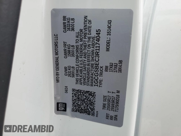 2024 Chevrolet Colorado 2WD Work Truck z VIN 1GCGSBEC3R1174045, wystawiony jako Copart lot #55320865 z przebiegiem 16 188 mil mil oraz Szkoda całkowita • Salvage title. Historia ofert i sprzedaży dostępna na DreamBid. Obrazek 12.