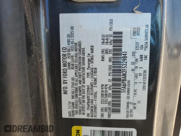 2015 Ford Mustang V6 with VIN 1FA6P8AM2F5329841, listed as a Copart auction lot 49534205 with 137,188 mi miles and Salvage title. Bid and sale history available at DreamBid. Image 13.
