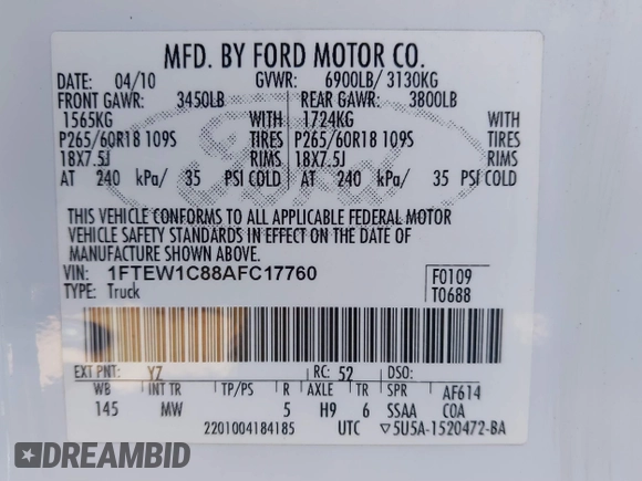 2010 Ford F-150 XL with VIN 1FTEW1C88AFC17760, listed as a IAAI auction lot 41642517 with 247,923 mi miles. Bid and sale history available at carsss.com. Image 9.