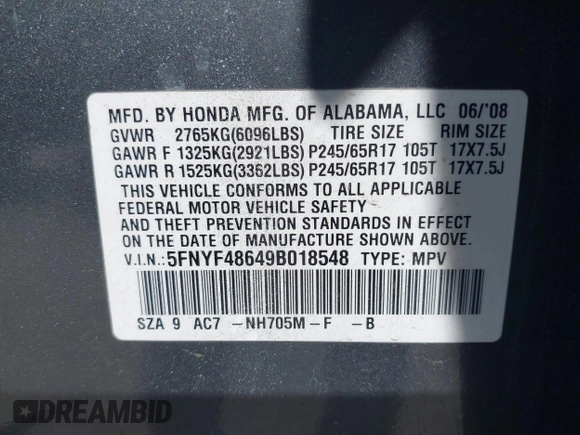 2009 Honda Pilot EX-L with VIN 5FNYF48649B018548, listed as a IAAI auction lot 42069029 with 198,098 mi miles and . Bid and sale history available at carsss.com. Image 9.